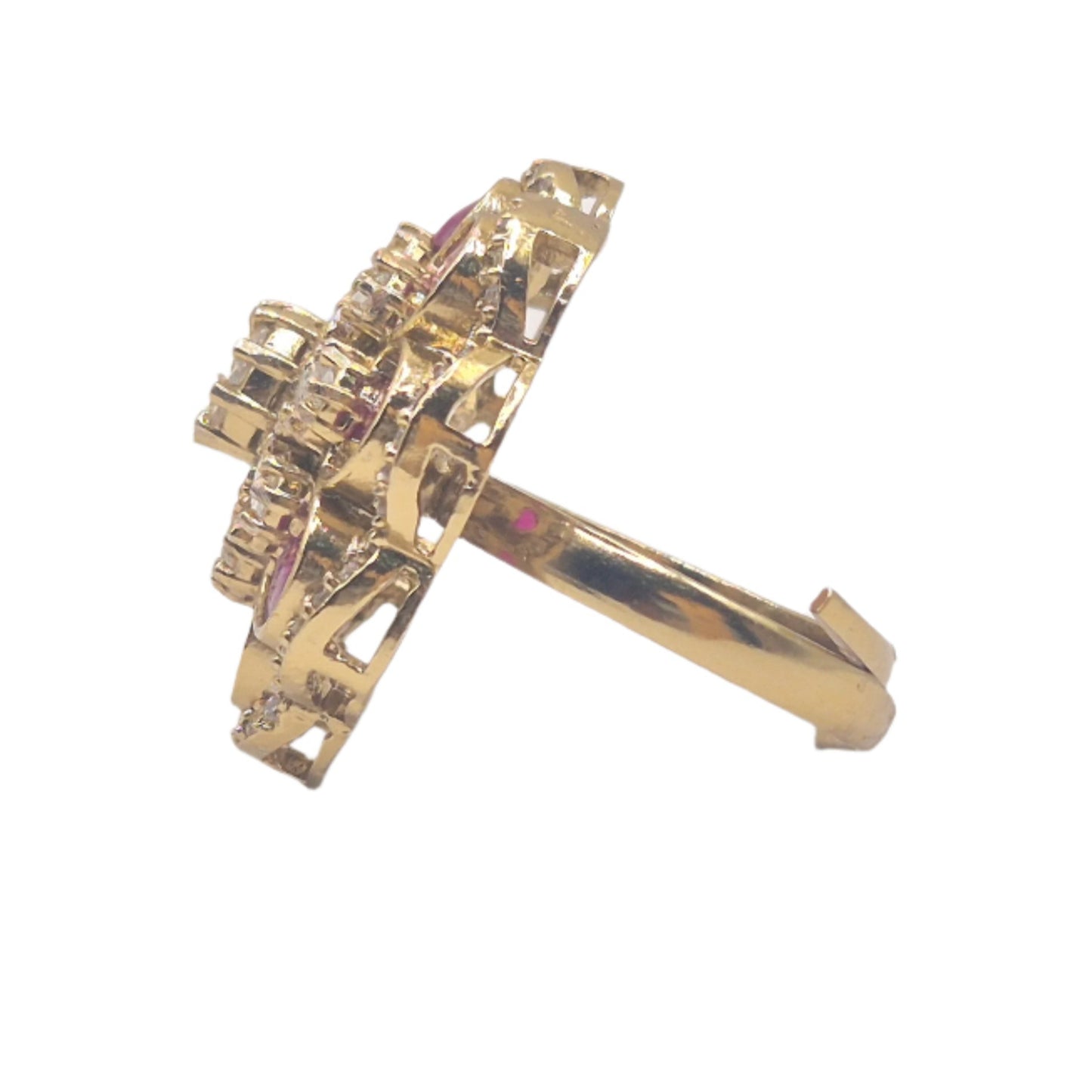 Red semi precious stones with moissanites in an adjustable brass ring