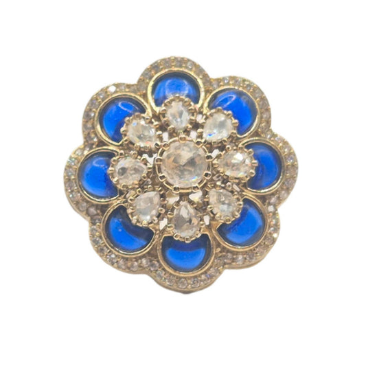 Blue semi-precious stones with moissanites in an adjustable brass ring