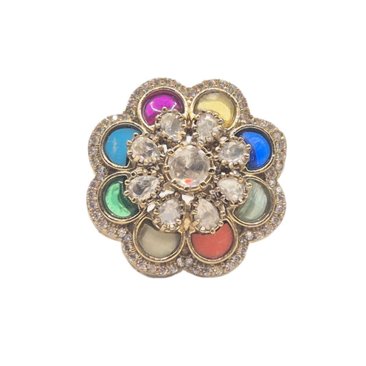 Traditional navratna Stones with Moissanites in an adjustable ring in brass