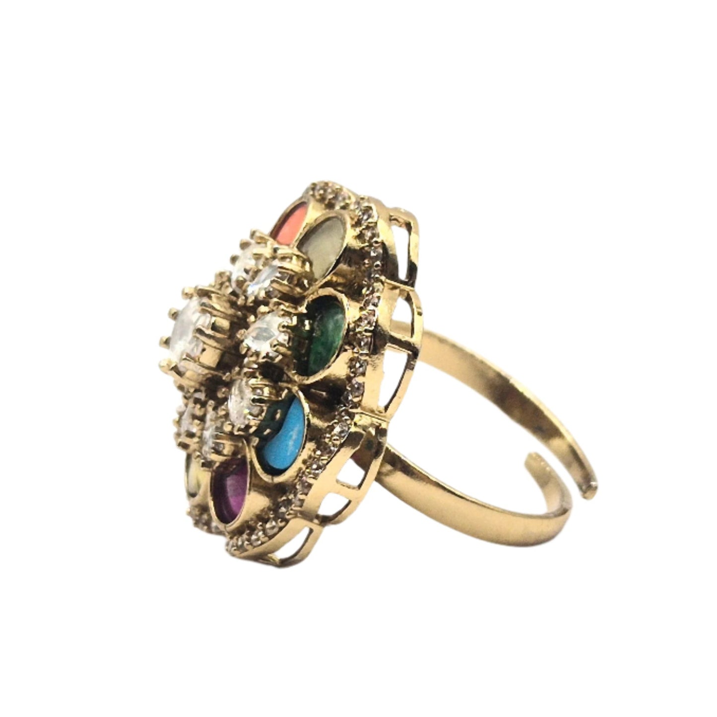 Traditional navratna Stones with Moissanites in an adjustable ring in brass