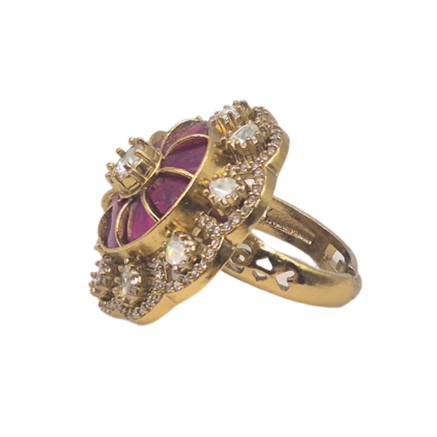 Maroon semi-precious stones with moissanites in an adjustable brass ring