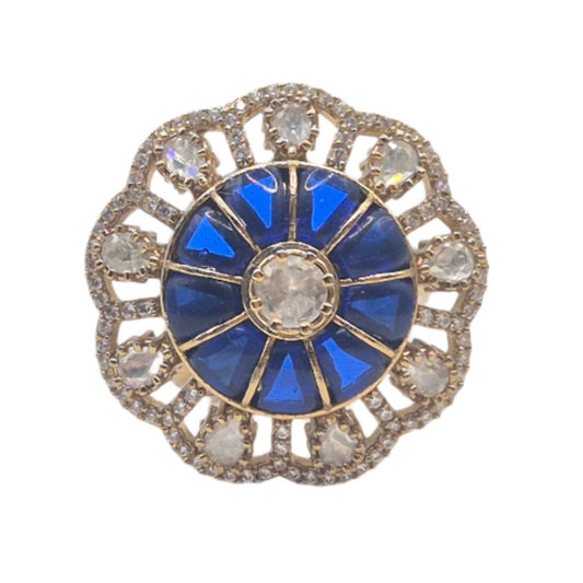 Blue semi precious stones with moissanites in an adjustable brass ring
