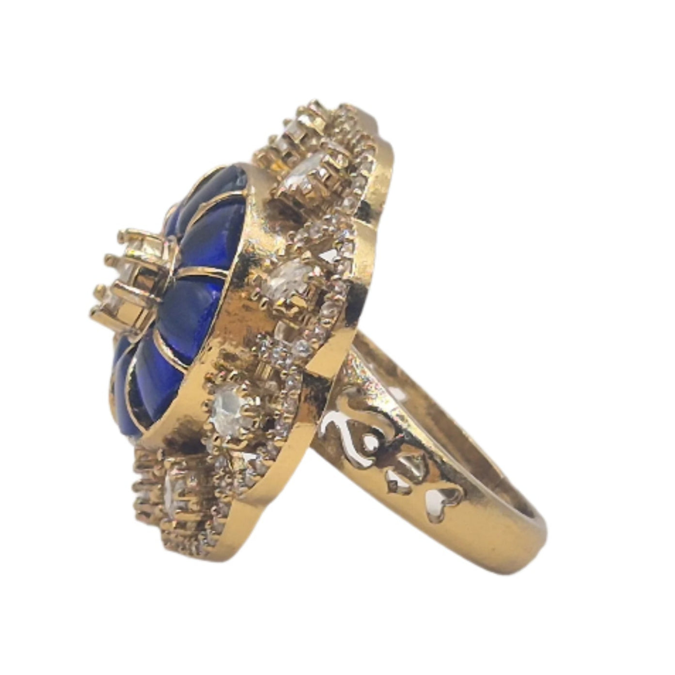 Blue semi precious stones with moissanites in an adjustable brass ring