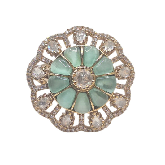 Light Green semi precious stones with moissanite in an adjustable brass ring