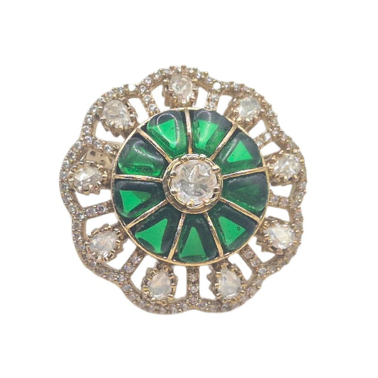 Green semi precious stones with Moissanites in an adjustable brass ring