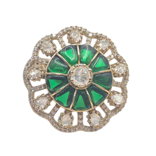 Dark green semi precious stones with moissanite in an adjustable brass ring