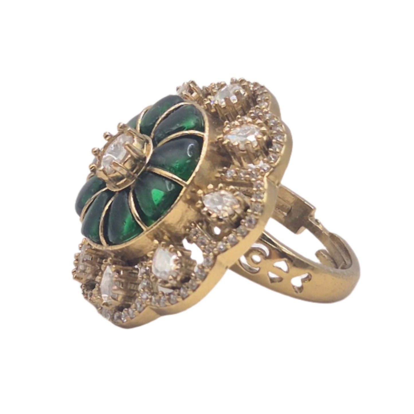 Green semi precious stones with Moissanites in an adjustable brass ring