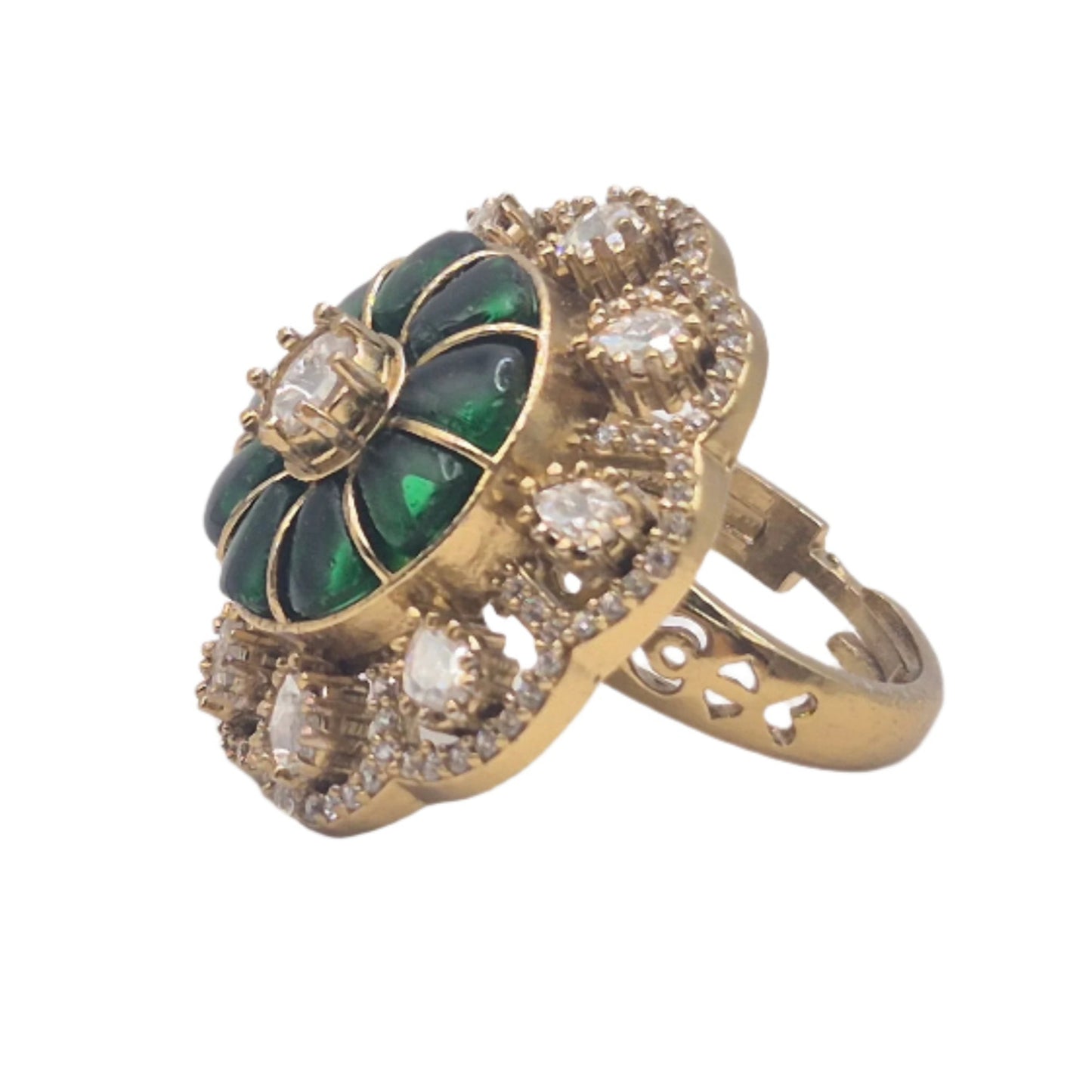 Dark green semi precious stones with moissanite in an adjustable brass ring