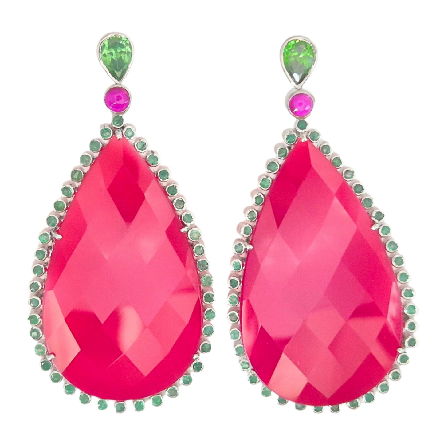 Natural Pink Chalcedony gemstone with Green and Pink Zirconia, make these fascinating and eye pleasing earrings in 925 Silver