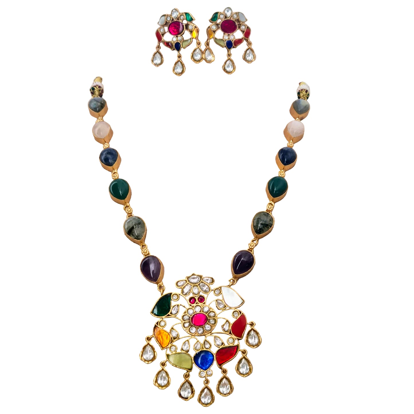 Navratna Set with natural semi-precious gemstones and enamelled work, with kundan dangling