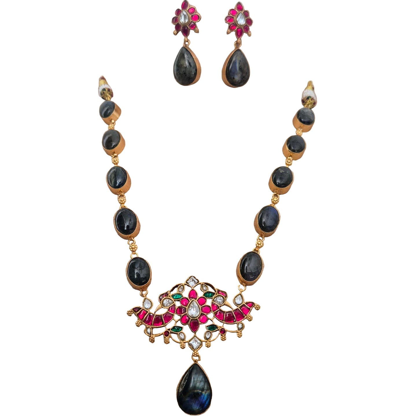 Labradorite gemstone coupled with Fuschia pink Jadau Kundan Set