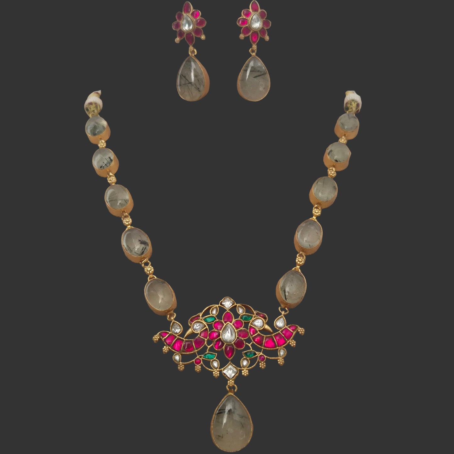 Green rutilated Quartz with Fuschia pink Jadau Kundan Set