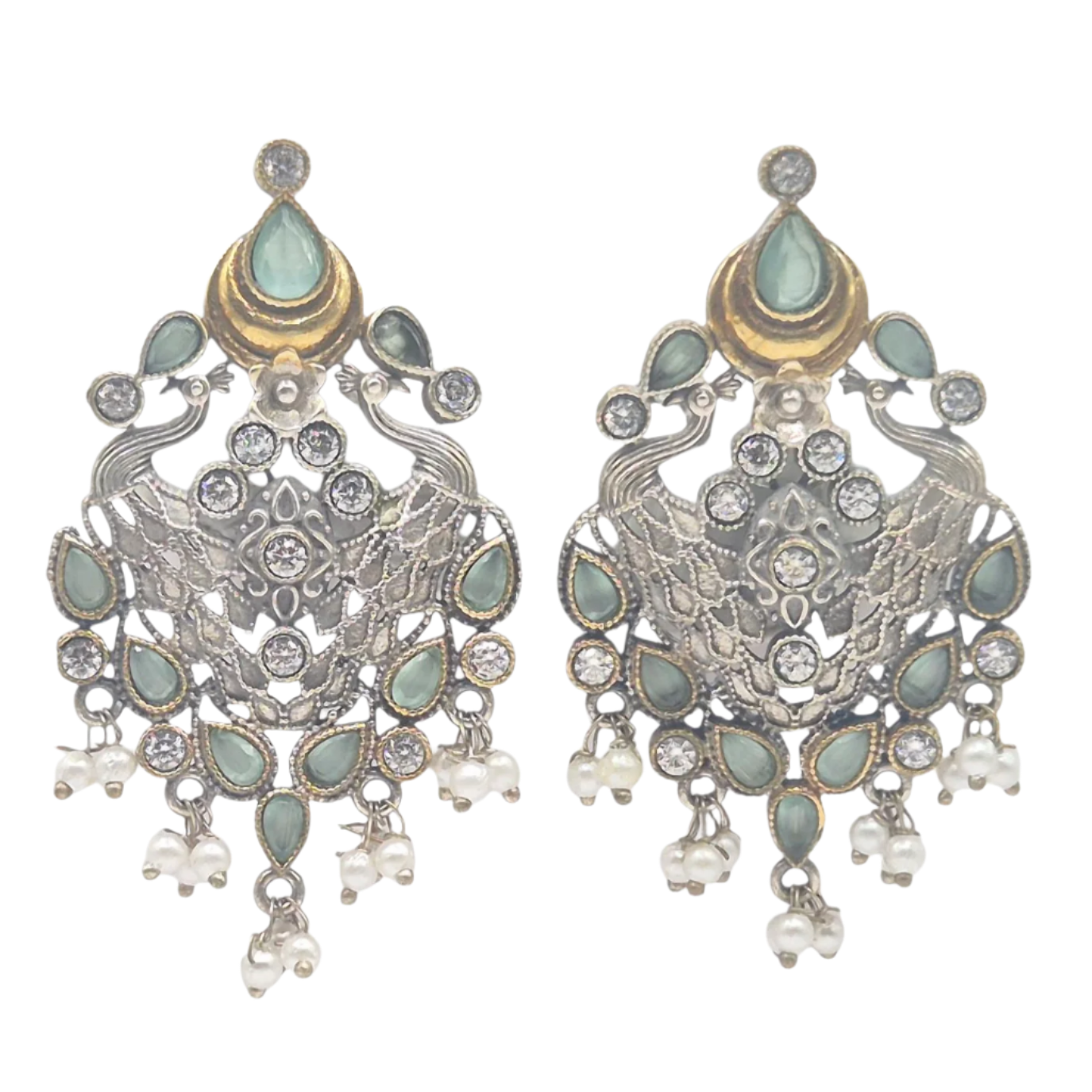 German silver earrings in dual tone with mint green quartz