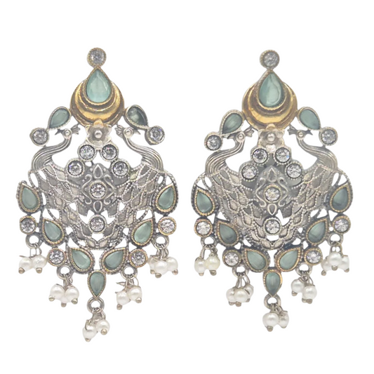 German silver earrings in dual tone with mint green quartz