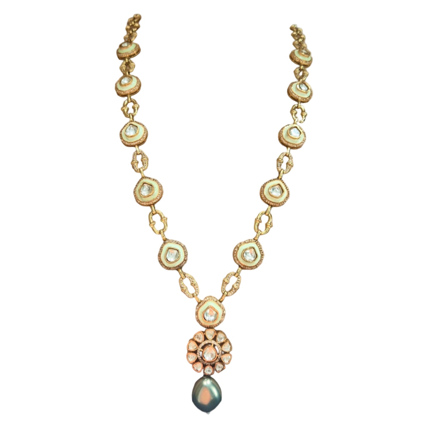 Kundan with mint green enamel and diamantes in brass