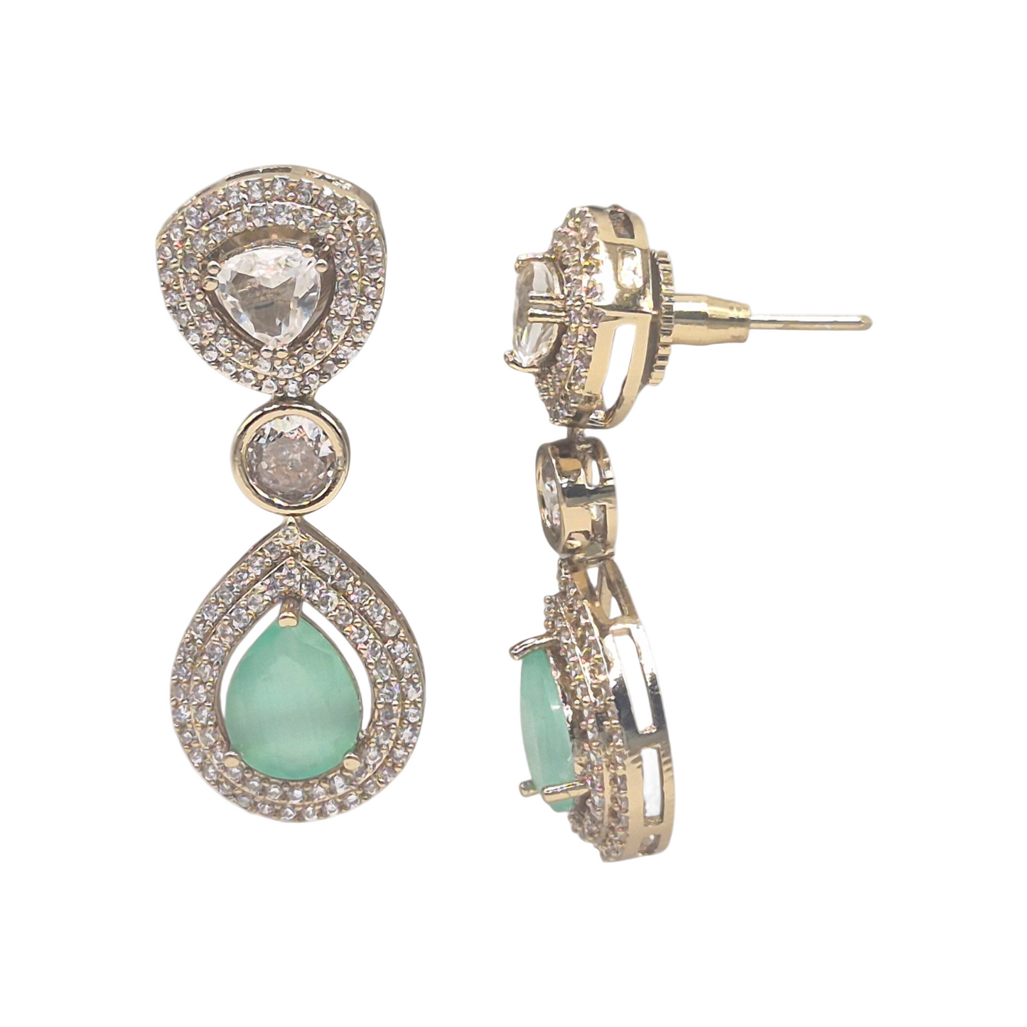 Moissanite and cubic zirconia with mint green quartz in brass