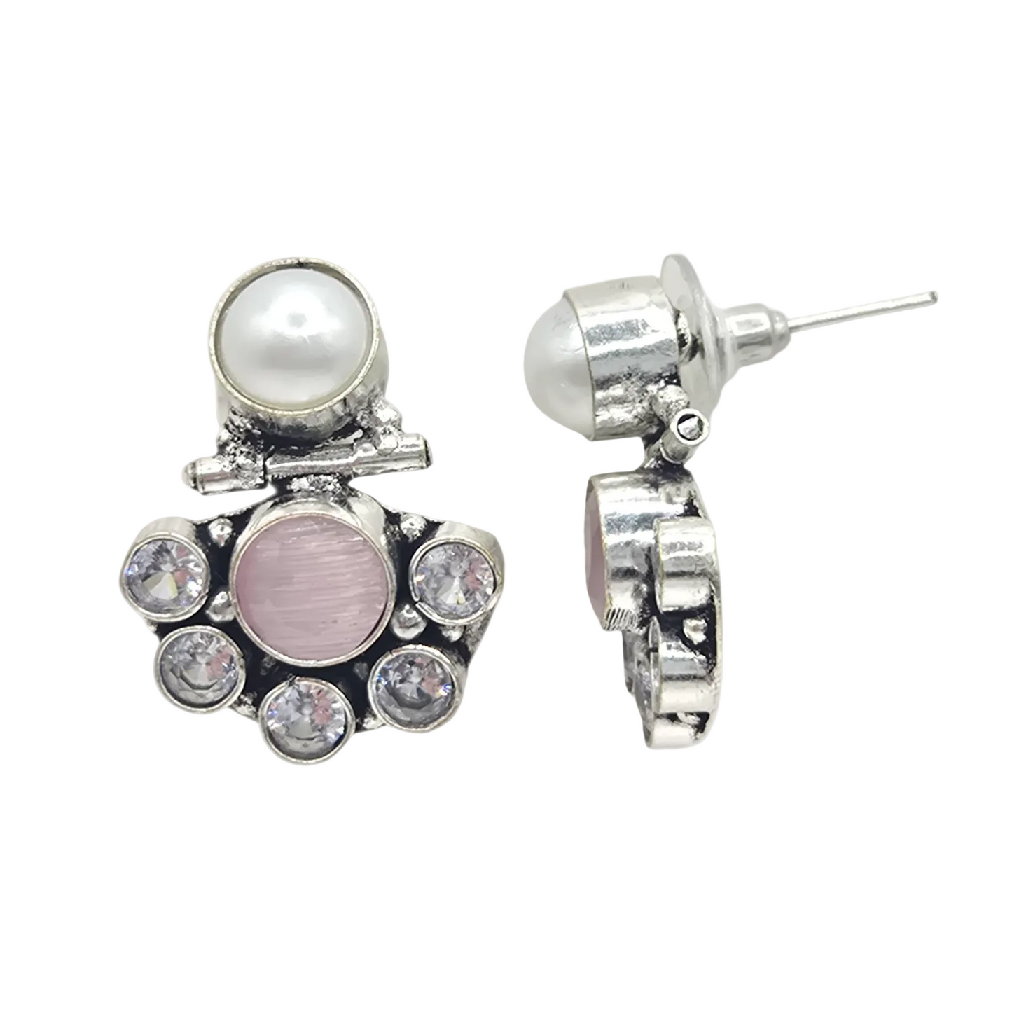 Pastel Pink and Round Zircon and White Pearl Set in brass