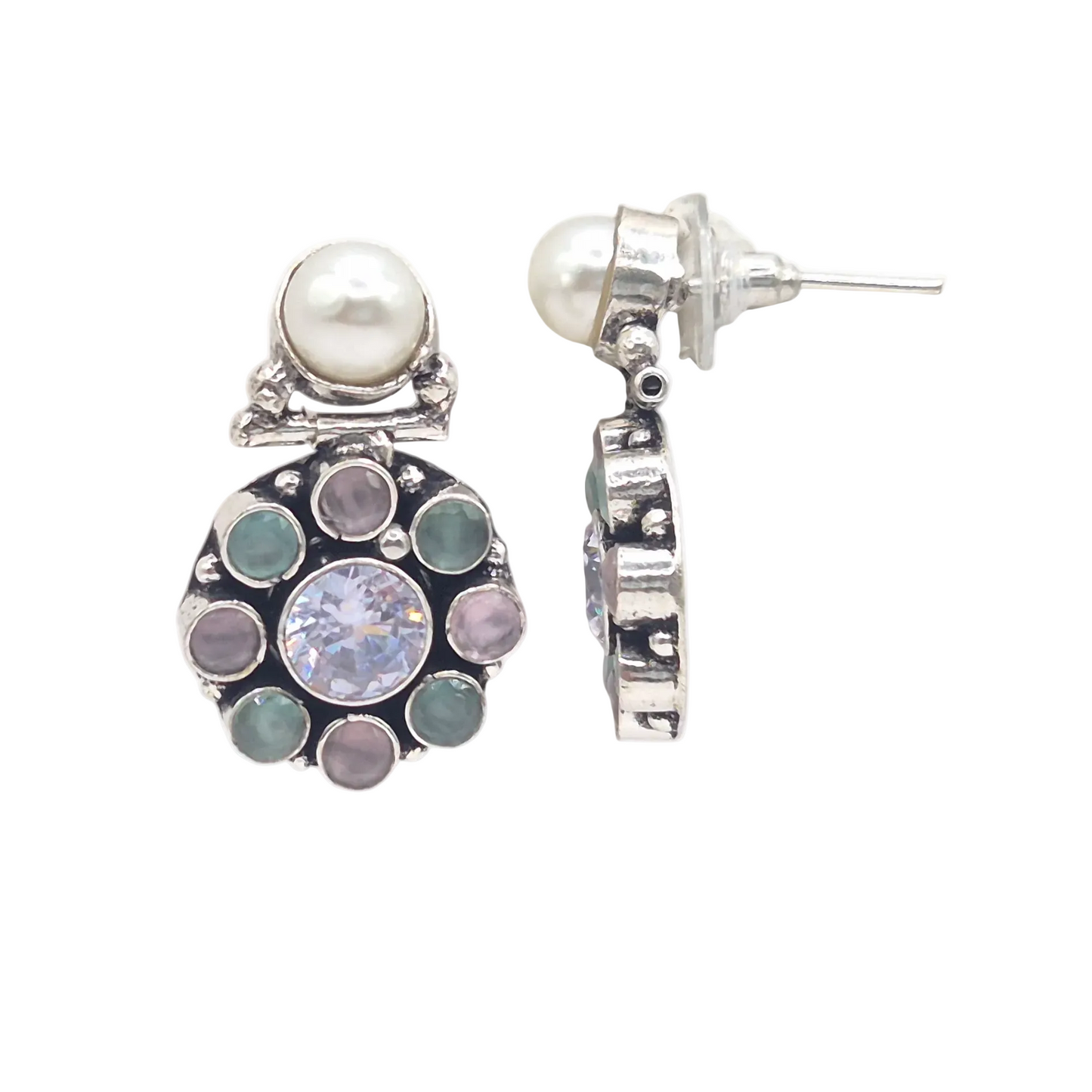 Pastel Pink and Green Zircon with White Pearl Set in brass