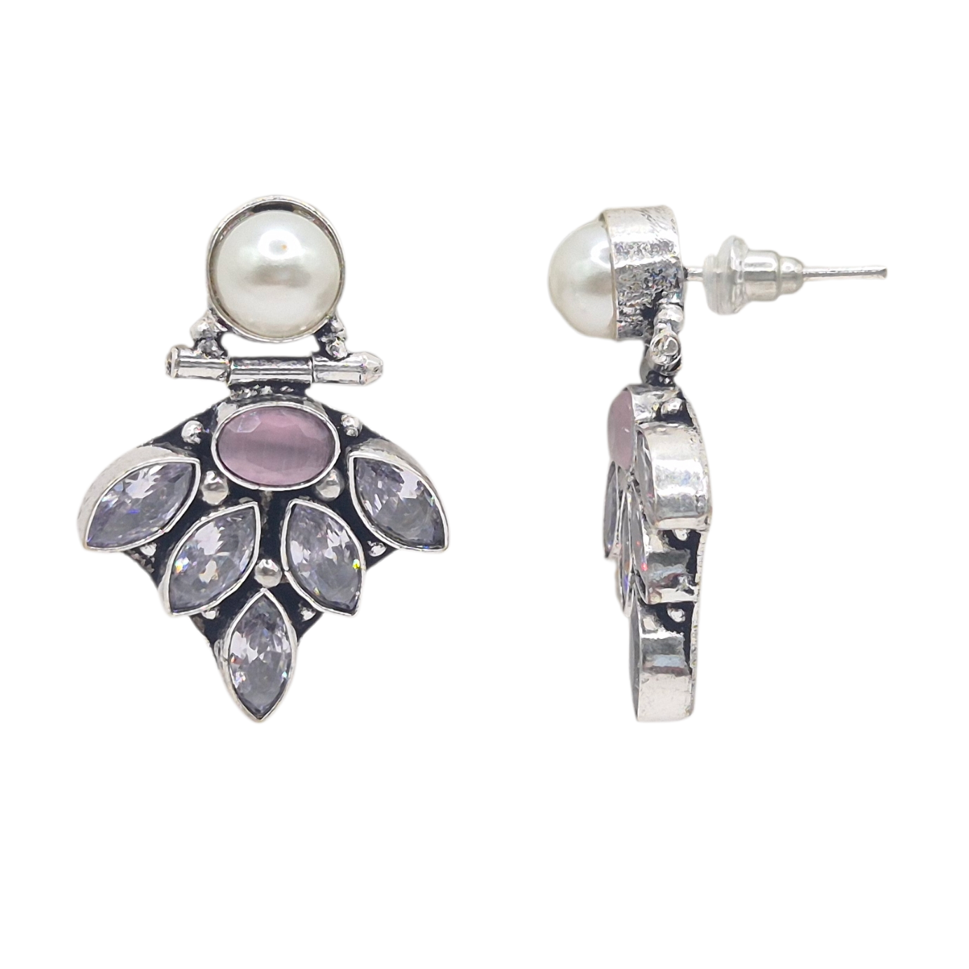 Pastel Pink and Lilac Marquis quartz Set with White Pearl in brass