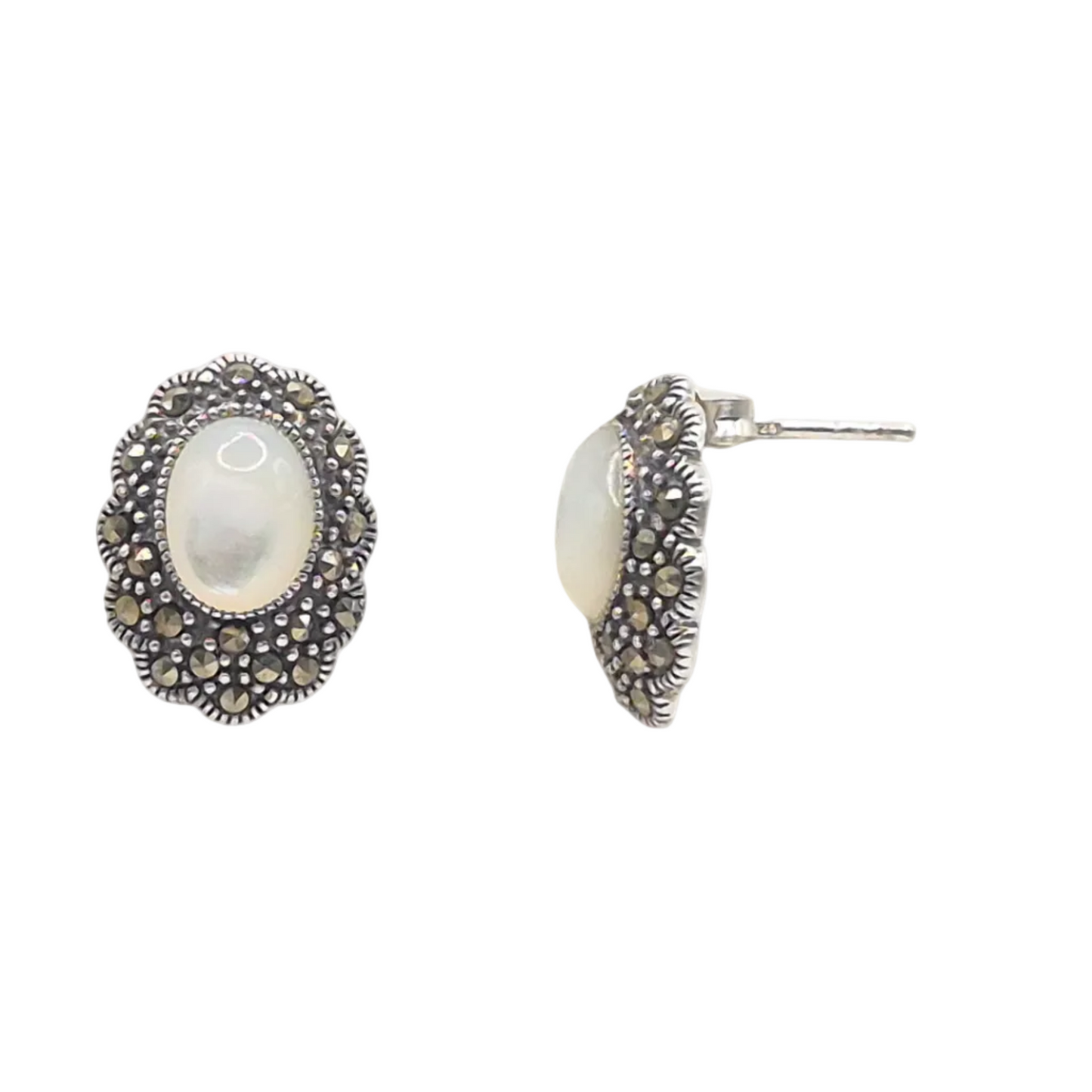 Mother of pearl with marcasite floral setting in 925 silver