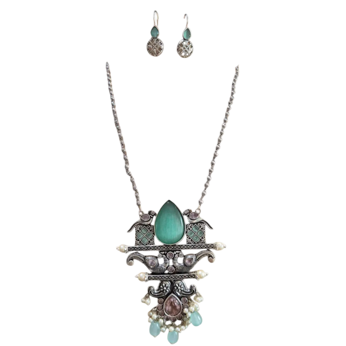 Green and pink pastel quartz in brass with pearls