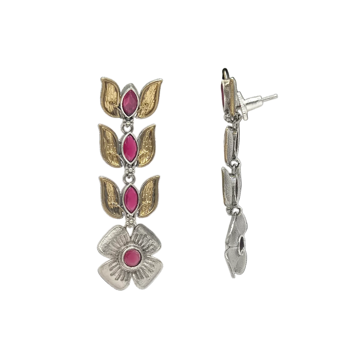 Red Quartz Lotus Earrings | Brass Handmade