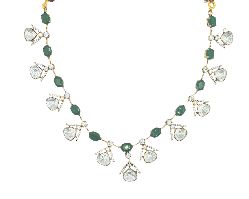 Green quartz and lustrous moissanites make this antique finish necklace set