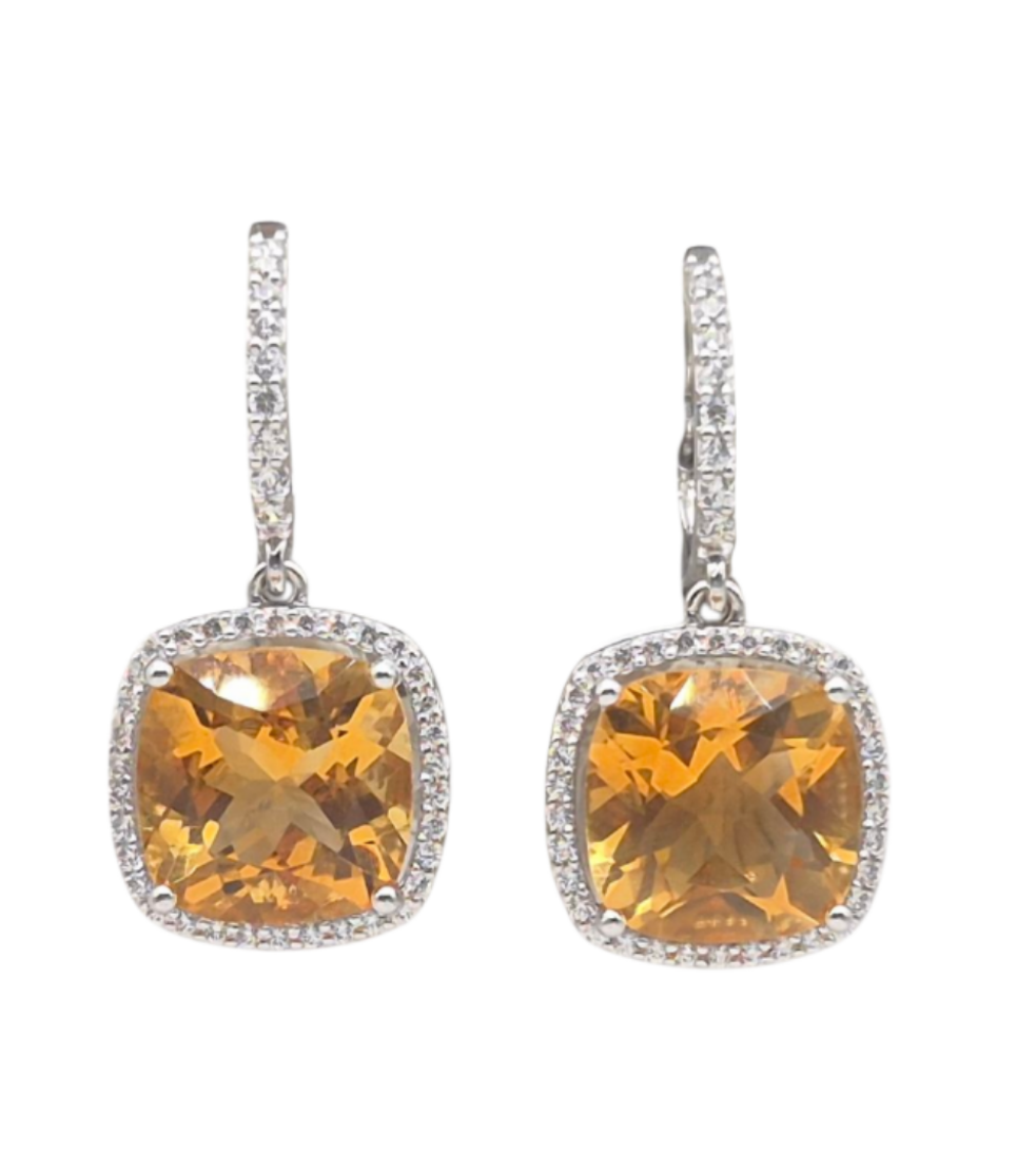 Natural Citrine gemstone, Cushion cut with Cubic Zirconia in 925 Silver