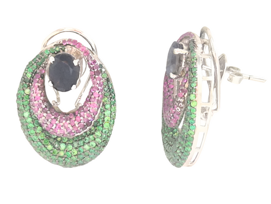 Natural Tsavorite with Rubies and Iolite gemstones make this fantabulous clip on earring in 925 Silver