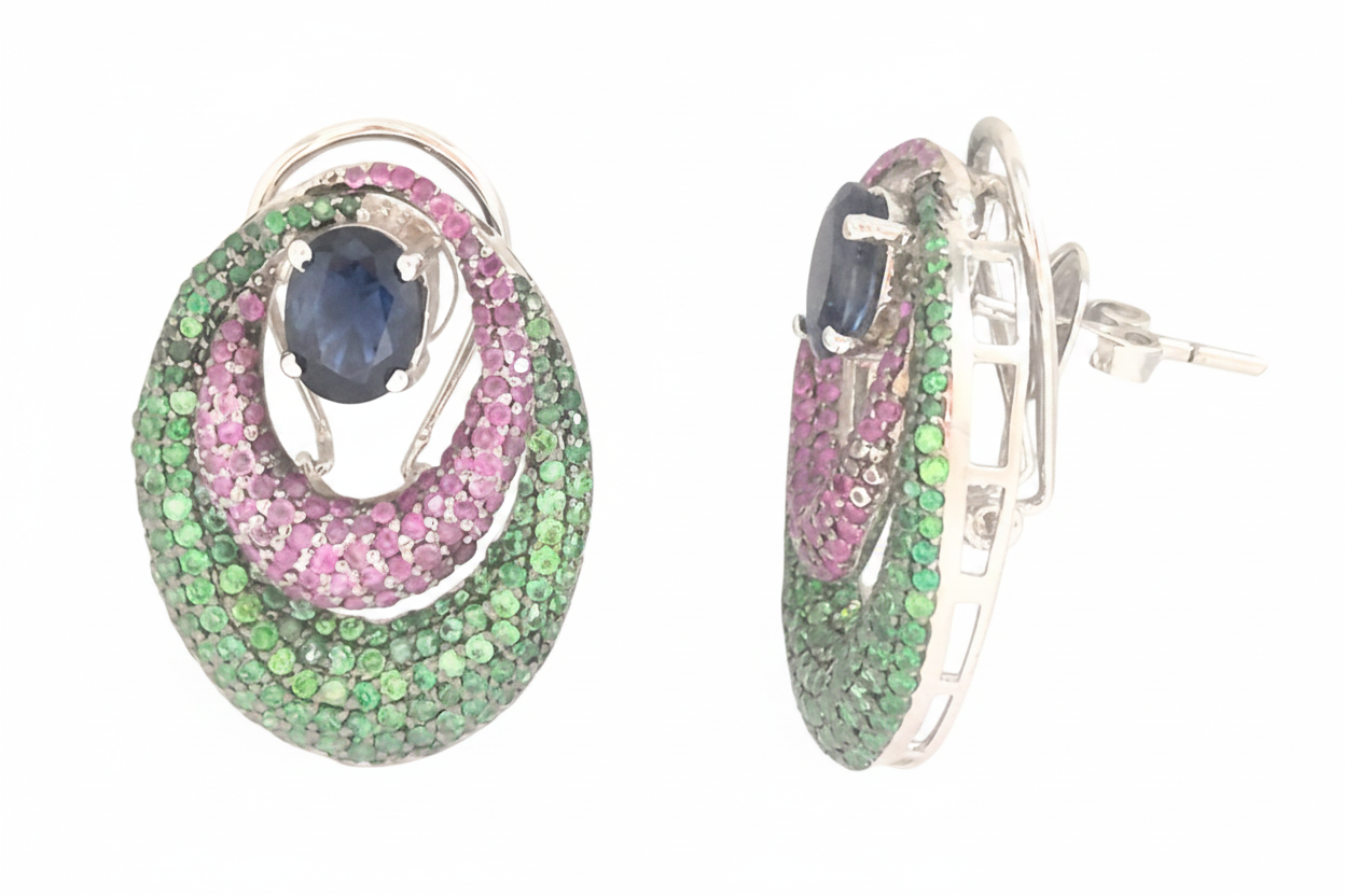 Natural Tsavorite with Rubies and Iolite gemstones make this fantabulous clip on earring in 925 Silver