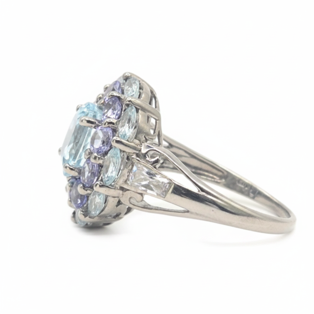 Blue Topaz Oval and Marquise with Round Tanzanites in 925 Silver