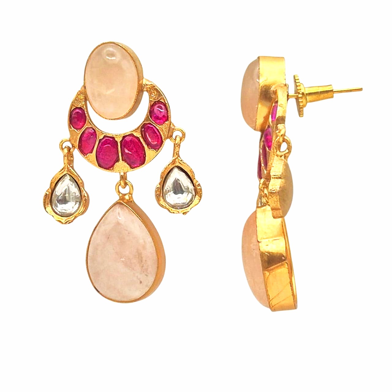 Natural Rose Quartz set with fuscia pink quartz in brass with lifelong gold plaing