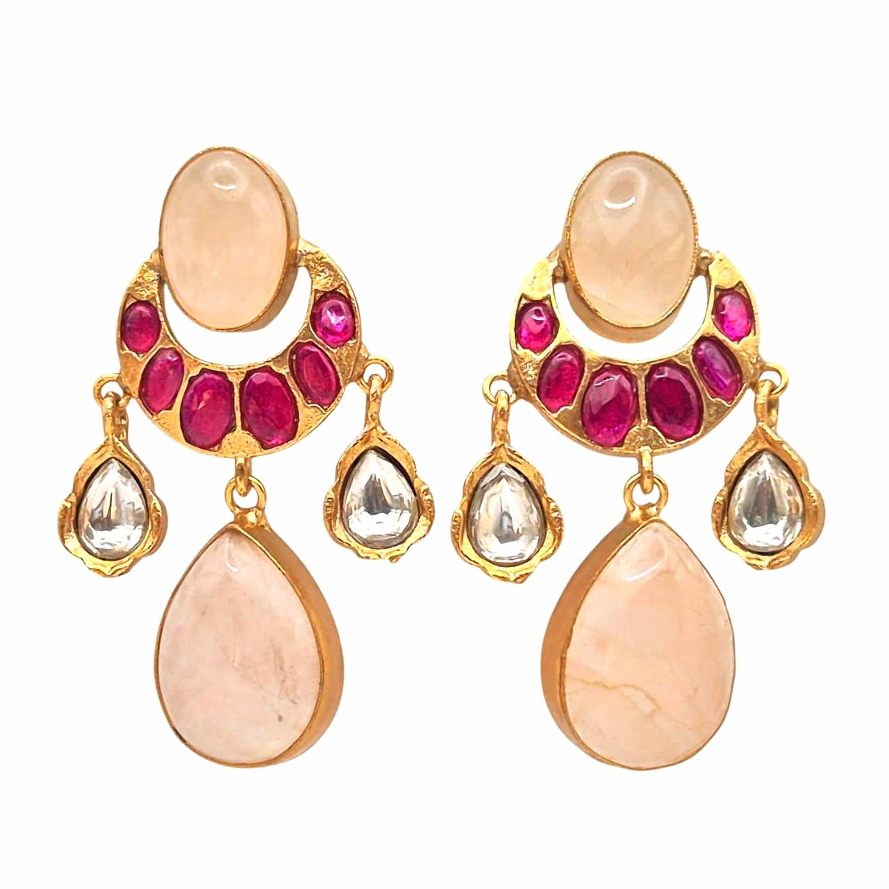 Natural Rose Quartz set with fuscia pink quartz in brass with lifelong gold plaing