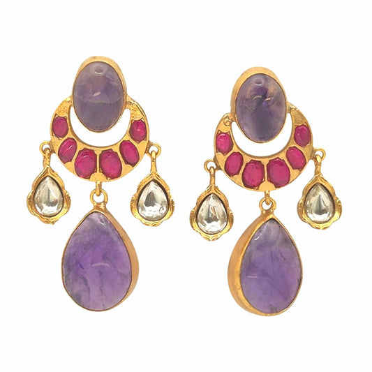 Amethyst set with fuscia pink quartz in brass with lifelong gold plaing