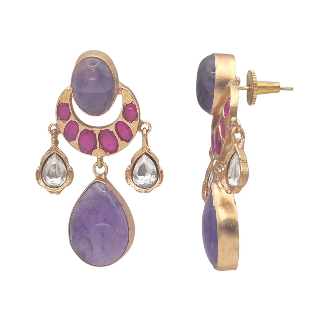 Amethyst set with fuscia pink quartz in brass with lifelong gold plaing