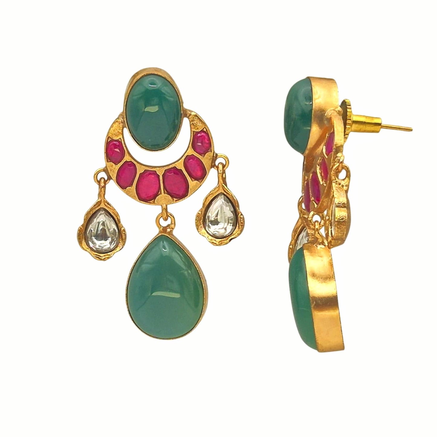 Green Onyx set with fascia pink quartz in brass with lifelong gold plating