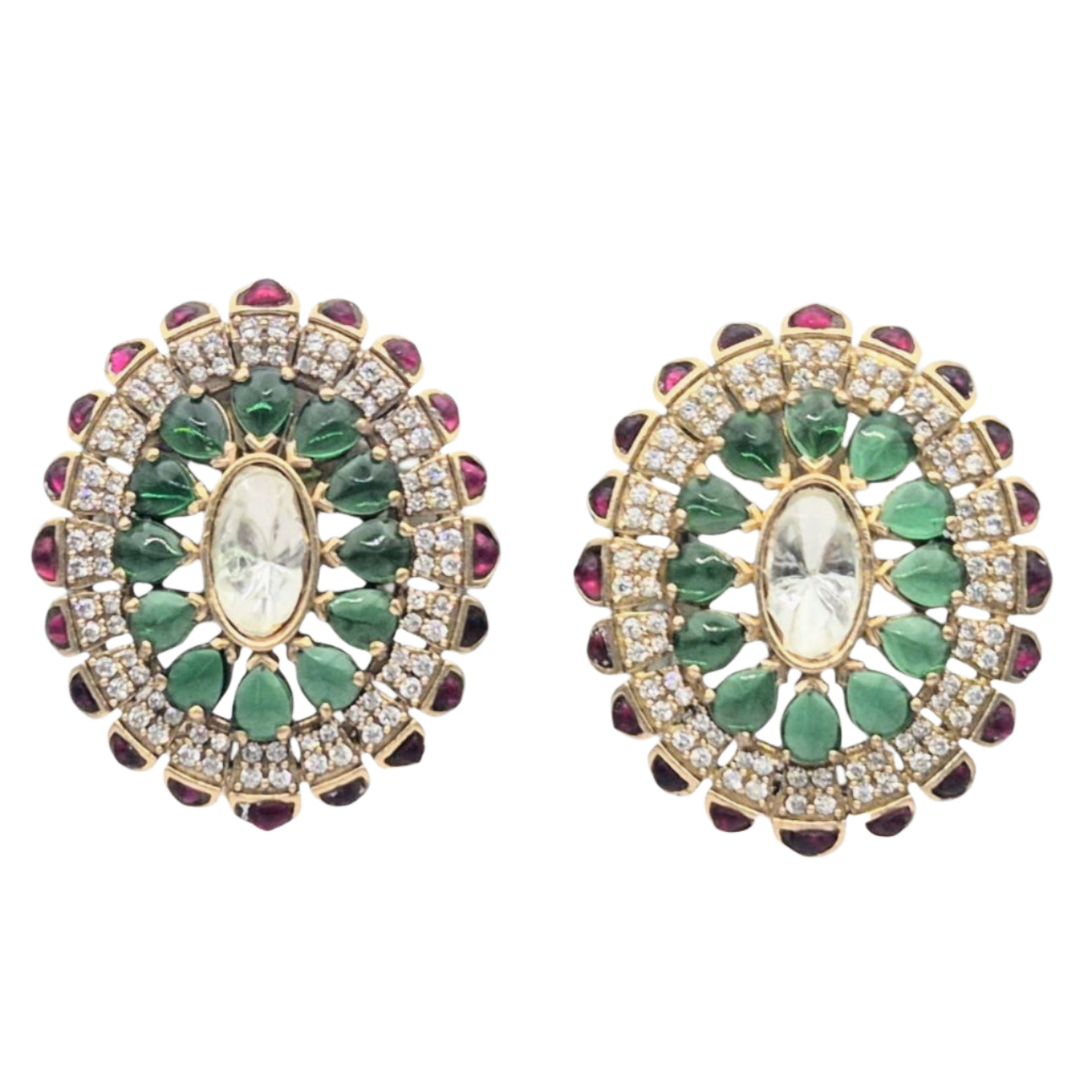 Red and green kundan eartops
