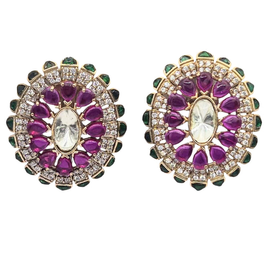 Green and Pink Kundan eartops