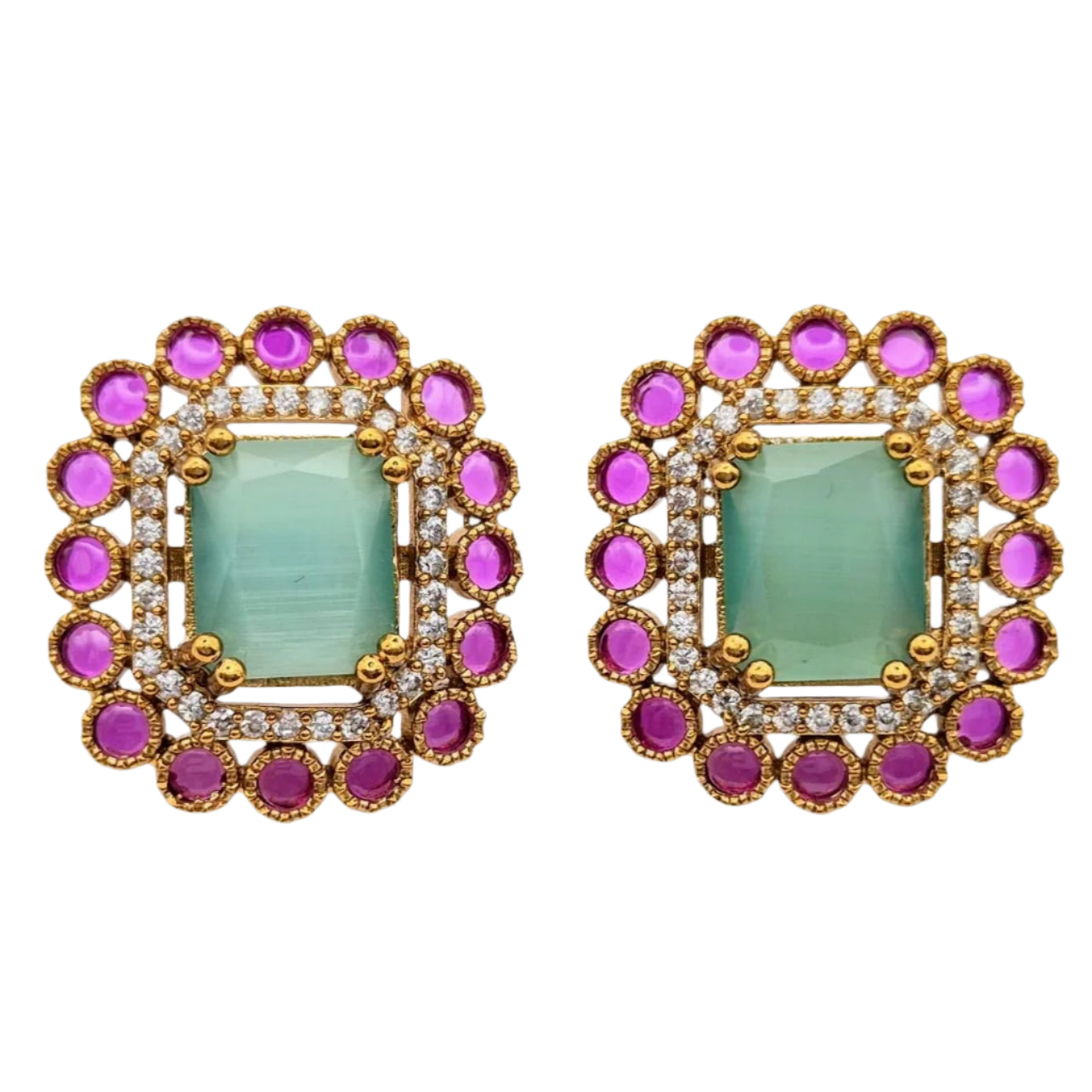 Rectangle shaped Kundan Stud with Cubic Zirconia and Green and Pink Hydros