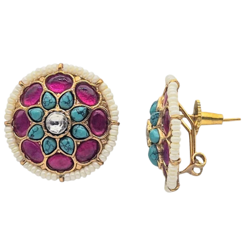 Pink jadau and Natural Turquoise eartops
