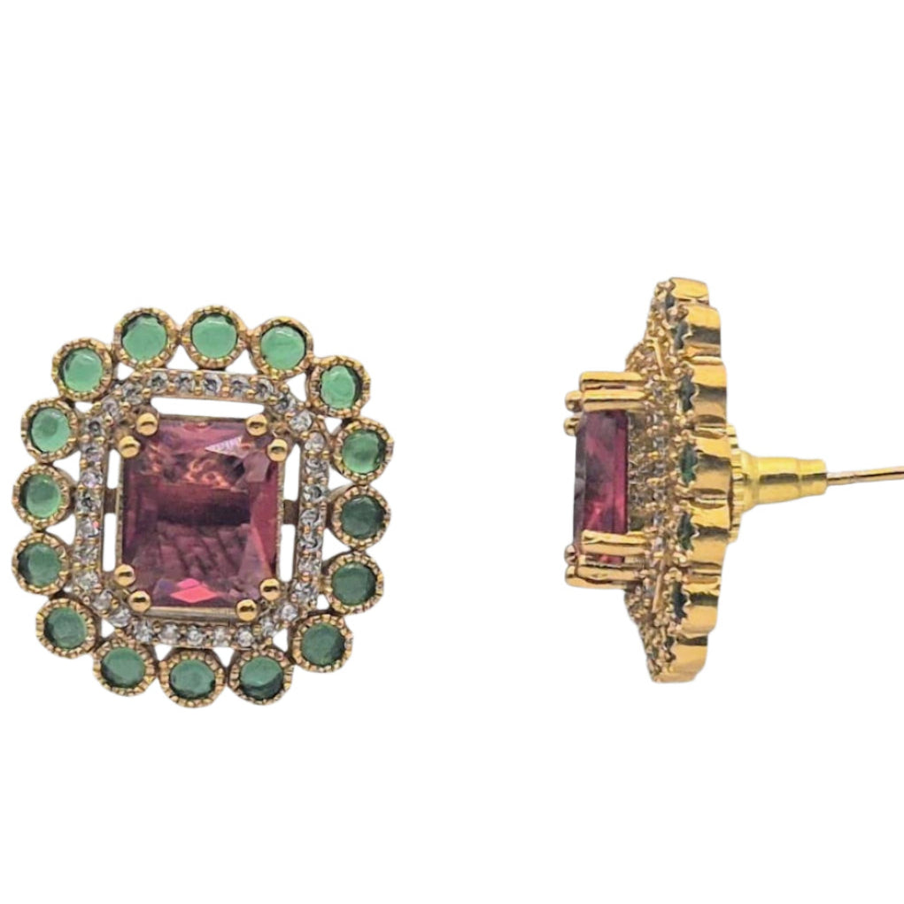 Rectangle shaped Kundan Stud with Cubic Zirconia and Red and Green Hydros