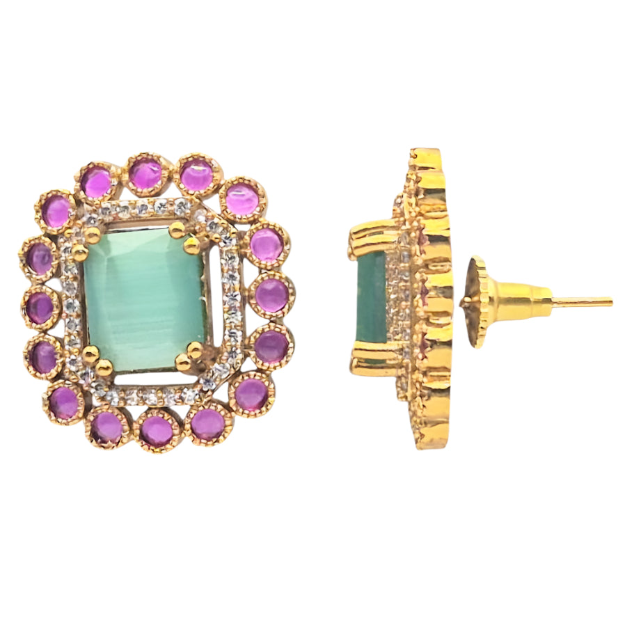 Rectangle shaped Kundan Stud with Cubic Zirconia and Green and Pink Hydros