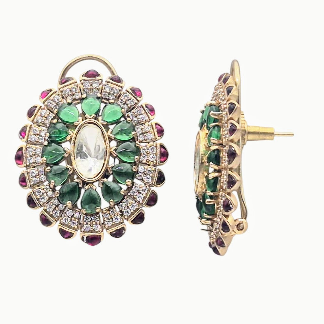 Red and green kundan eartops