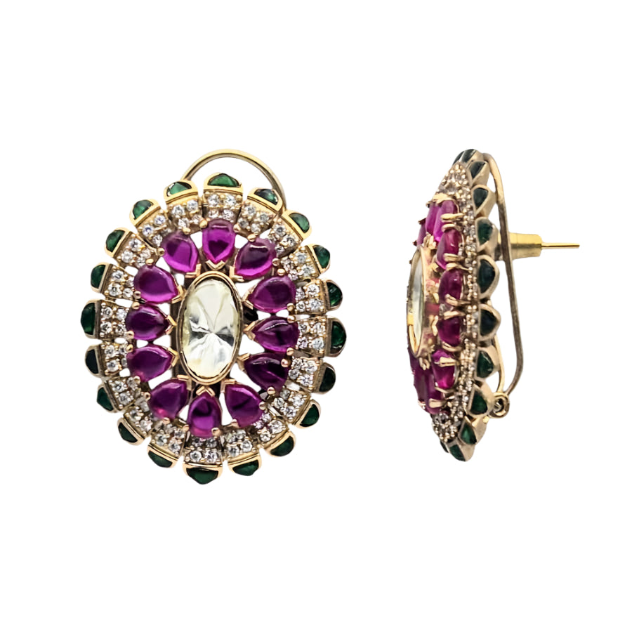 Green and Pink Kundan eartops