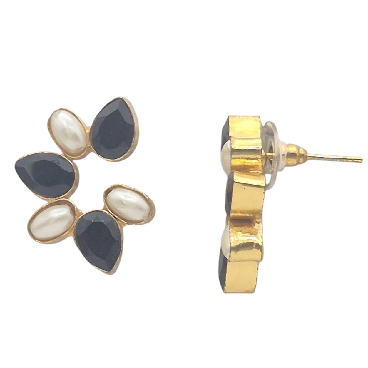 Black Quartz and Pearls in a designer shape of eartops, in brass with plating