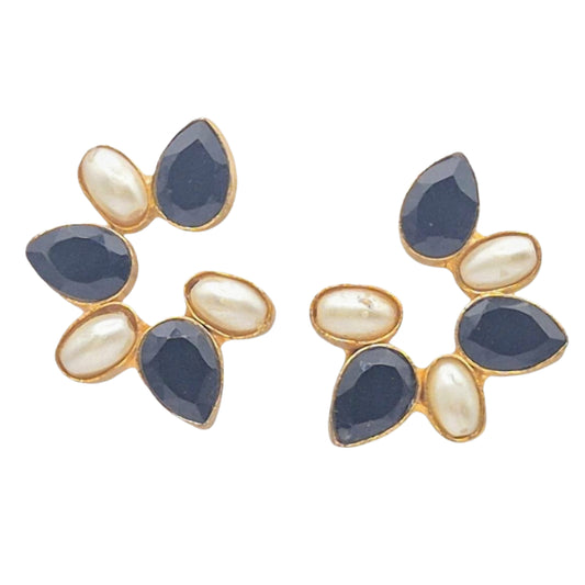 Black Quartz and Pearls in a designer shape of eartops, in brass with plating