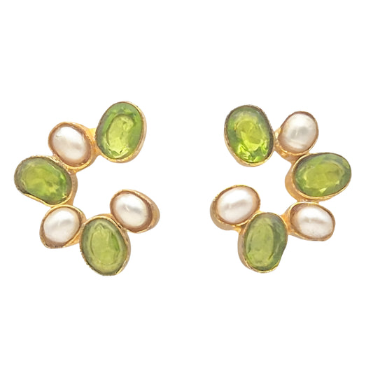 Green Quartz and Natural  Pearls set in brass