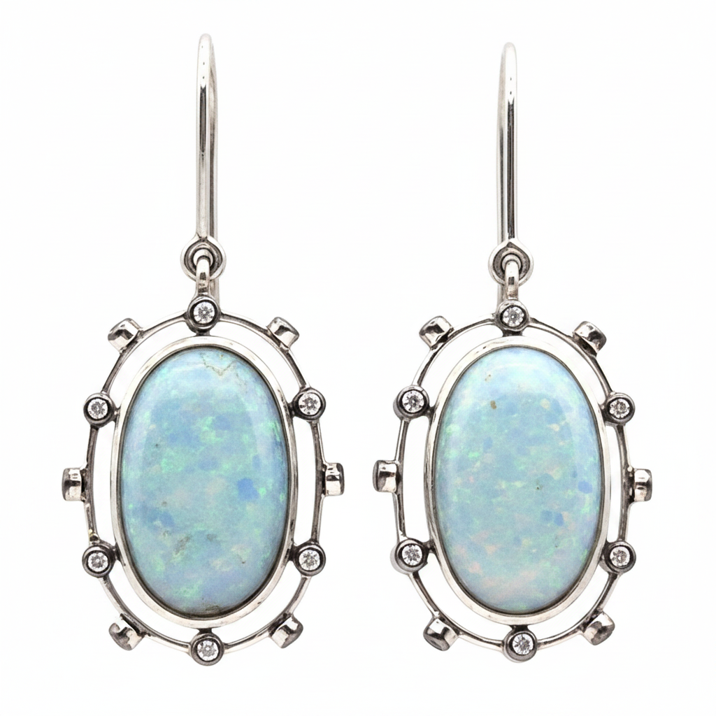 Natural Australian Opal displaying a play of colours with Zircons in 925 Silver, black plating