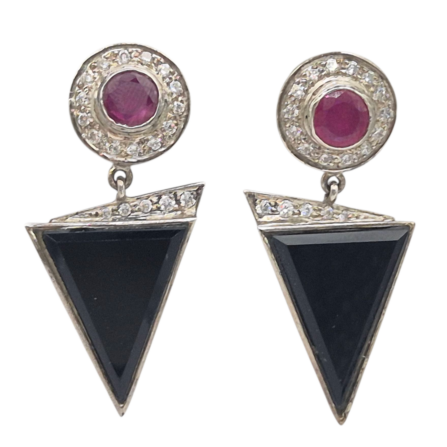 Natural Black Onyx and Rubies Gemstones, in a geometric design,set in 925 Silver