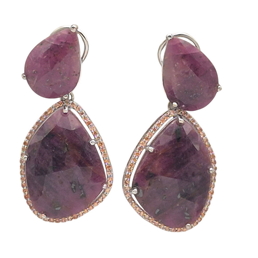 Natural Red Sapphire and Champagne coloured Cubic Zirconia make this earring with a twist, set in 925 Silver
